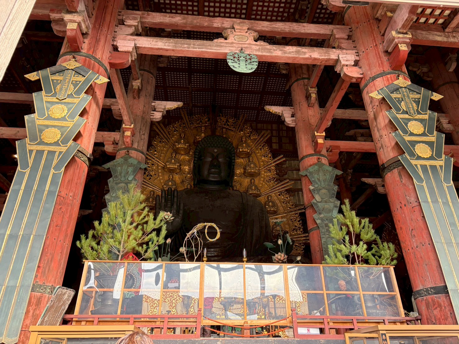 正面から見上げた奈良の大仏。光背の金色がとにかく美しいです